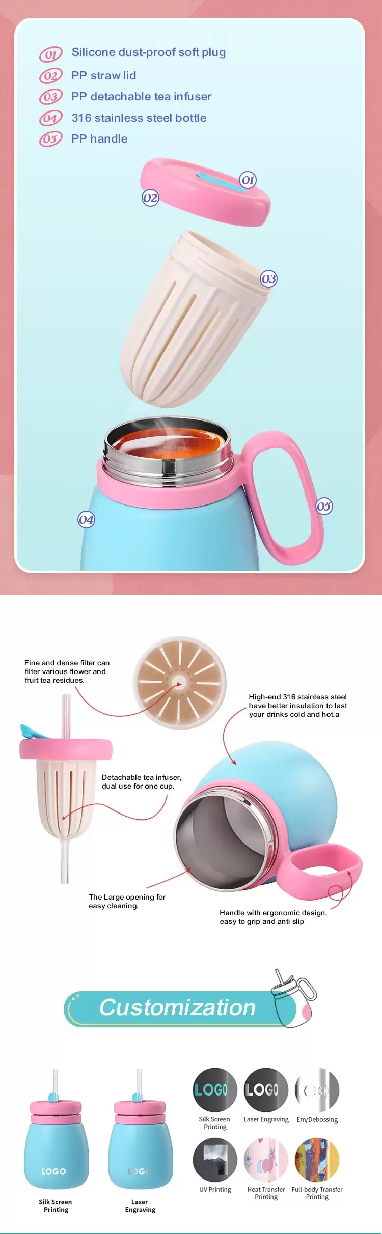 cute stainless steel tumbler with straw