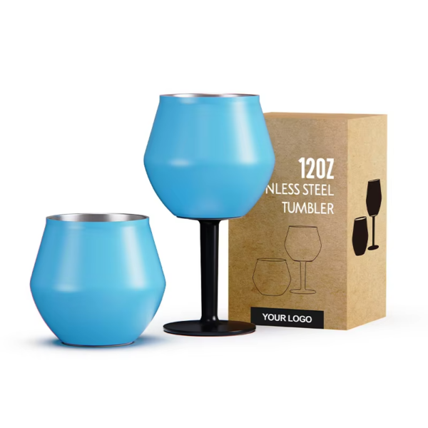 Sky-blue custom 17oz double-wall stainless steel detachable wine glass shown in three views: left profile of the standalone insulated bowl (10cm height, 8.4cm rim), center view of the removable black stem base (9.5cm height, 7.5cm base), and right view of the fully assembled stemmed glass (19.5cm total height, 11cm max bowl width). Features a sleek powder-coated exterior, brushed stainless steel rim, and precision-engineered two-piece construction. ODM/OEM ready.