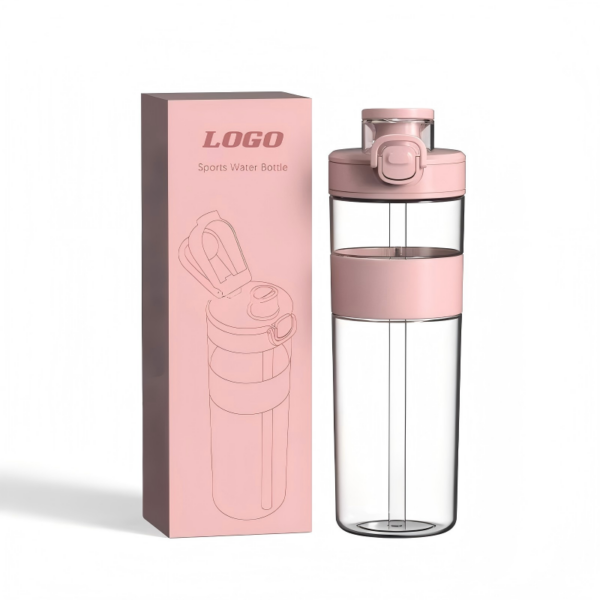 Blush pink 23 oz leakproof BPA-free plastic sports water bottle shown alongside its custom retail gift box. Features a crystal-clear cylindrical body, color-matched pink flip-top locking lid with integrated carry loop, textured mid-body grip band, and a secure one-hand push-button opening mechanism. The accompanying gift box displays line-art product illustration and "LOGO" placeholder branding. Lightweight, shatter-resistant, and retail-ready. OEM/ODM customization available.