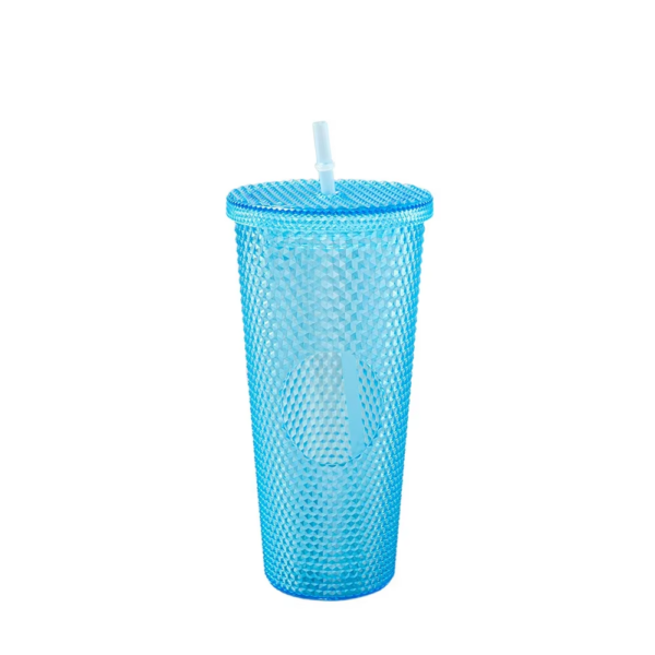 Bulk blank studded plastic tumblers with straw and lid for custom branding, featuring BPA-free diamond-textured acrylic and wide mouth opening, ideal for boutique and event merchandise.